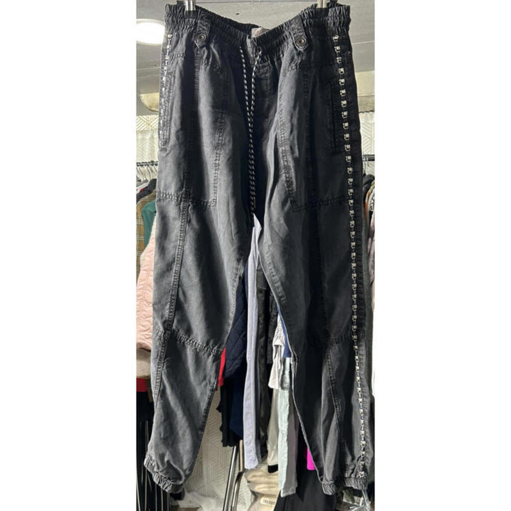 Anthropologie Joggers Sz S Black Embroidered Seams Drawstring
